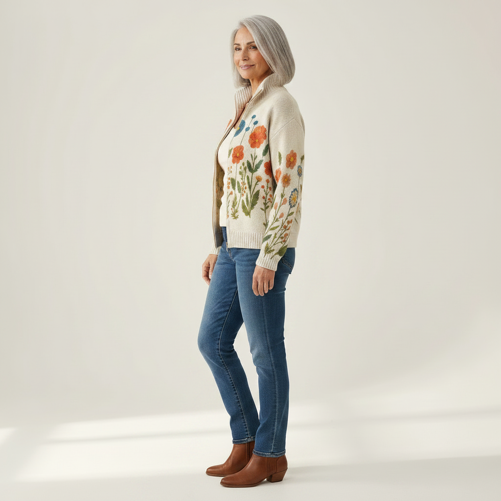 Andrea Strickjacke mit Wildblumenmuster, Seitenansicht