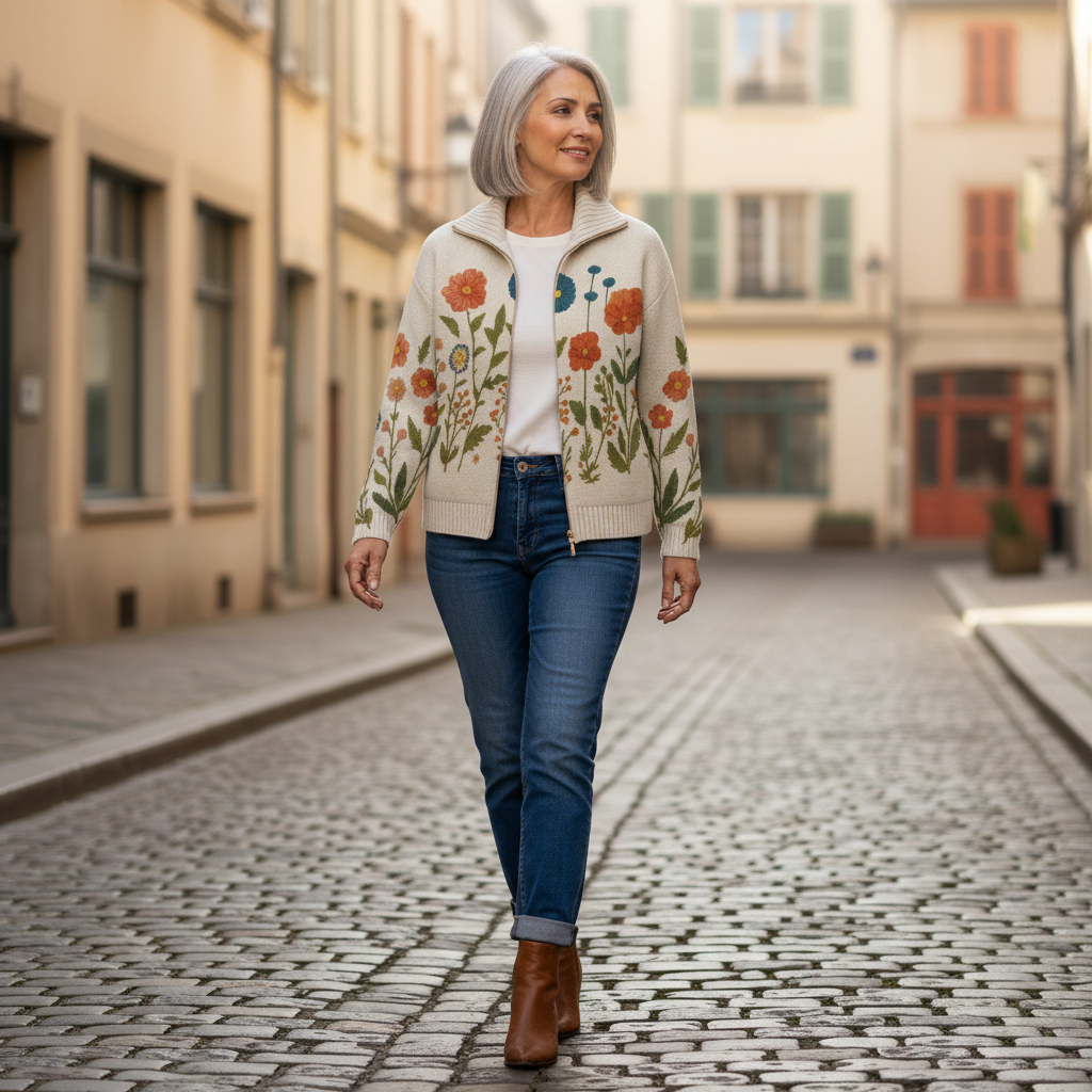 Andrea Strickjacke mit Wildblumenmuster, im Alltag getragen