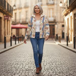 Sabine Strickjacke mit Rosenrankenmuster, im Alltag getragen
