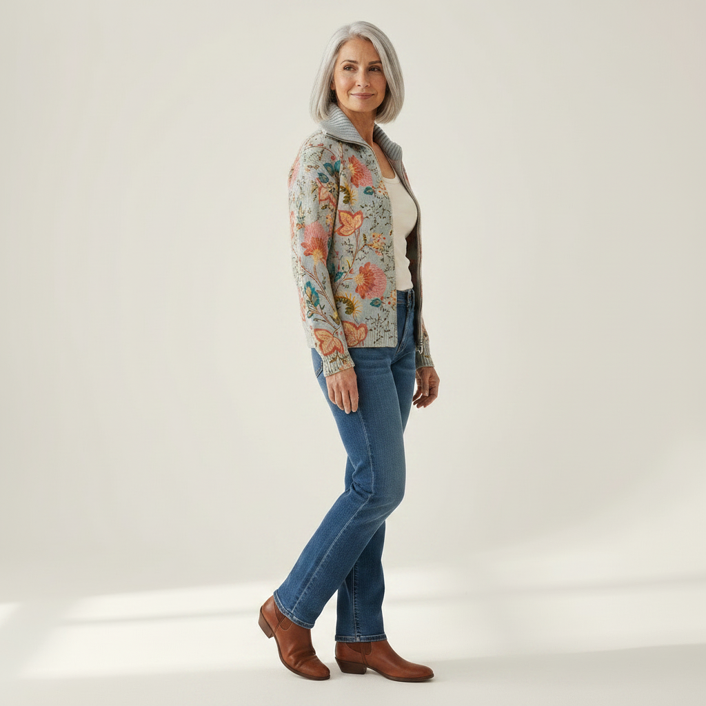 Petra Strickjacke mit floralem Gartenmuster, Seitenansicht