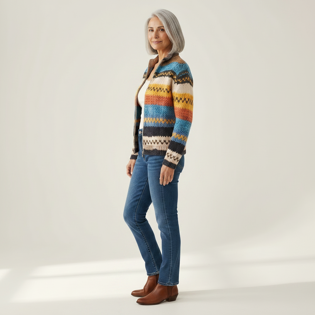 Karin Strickjacke mit buntem Zickzackmuster, Seitenansicht