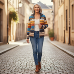 Karin Strickjacke mit buntem Zickzackmuster, im Alltag getragen