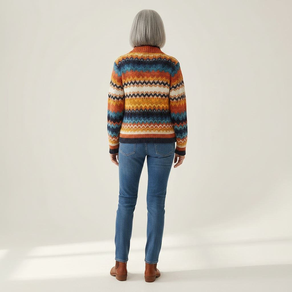 Karin Strickjacke mit buntem Zickzackmuster, Rückansicht