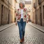Monika Strickjacke mit Vintage-Rosenmuster, im Alltag getragen