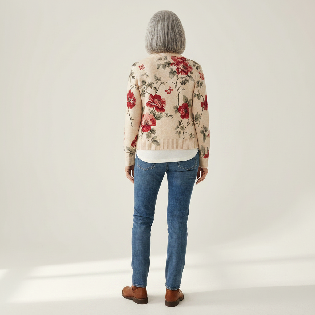 Monika Strickjacke mit Vintage-Rosenmuster, Rückansicht