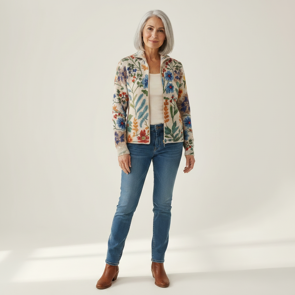 Birgit Strickjacke mit botanischem Blumenmuster, Vorderansicht
