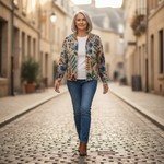 Birgit Strickjacke mit botanischem Blumenmuster, im Alltag getragen