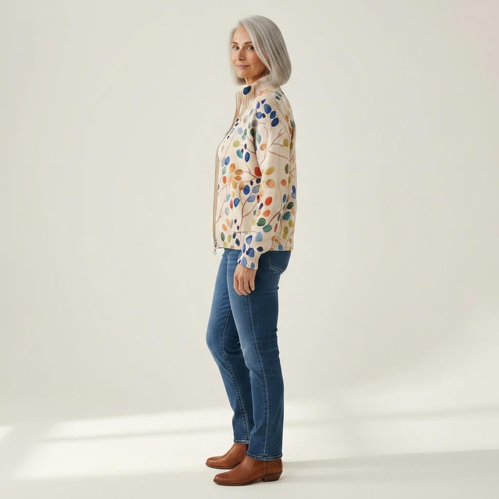 Anja Strickjacke mit buntem Blättermuster, Seitenansicht