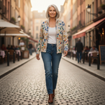 Anja Strickjacke mit buntem Blättermuster, im Alltag getragen