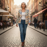 Anja Strickjacke mit buntem Blättermuster, im Alltag getragen