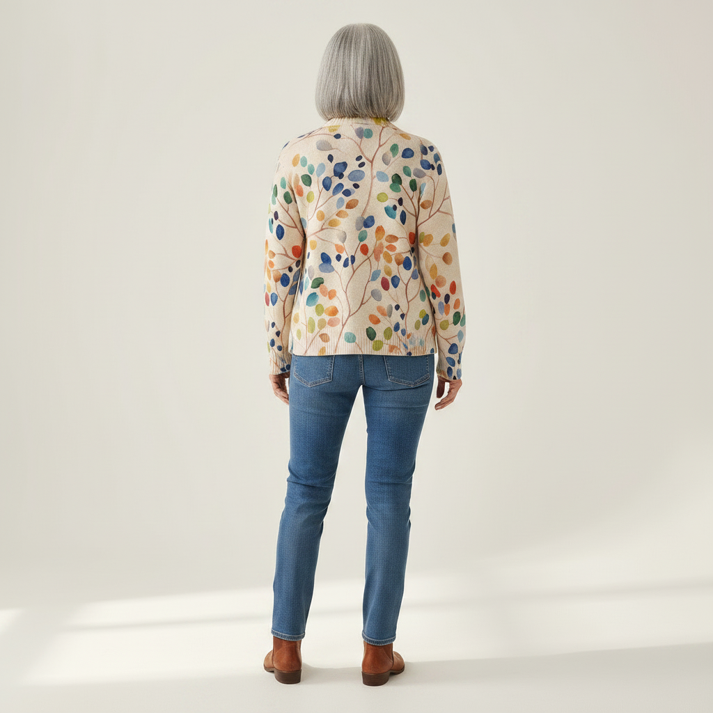 Anja Strickjacke mit buntem Blättermuster, Rückansicht