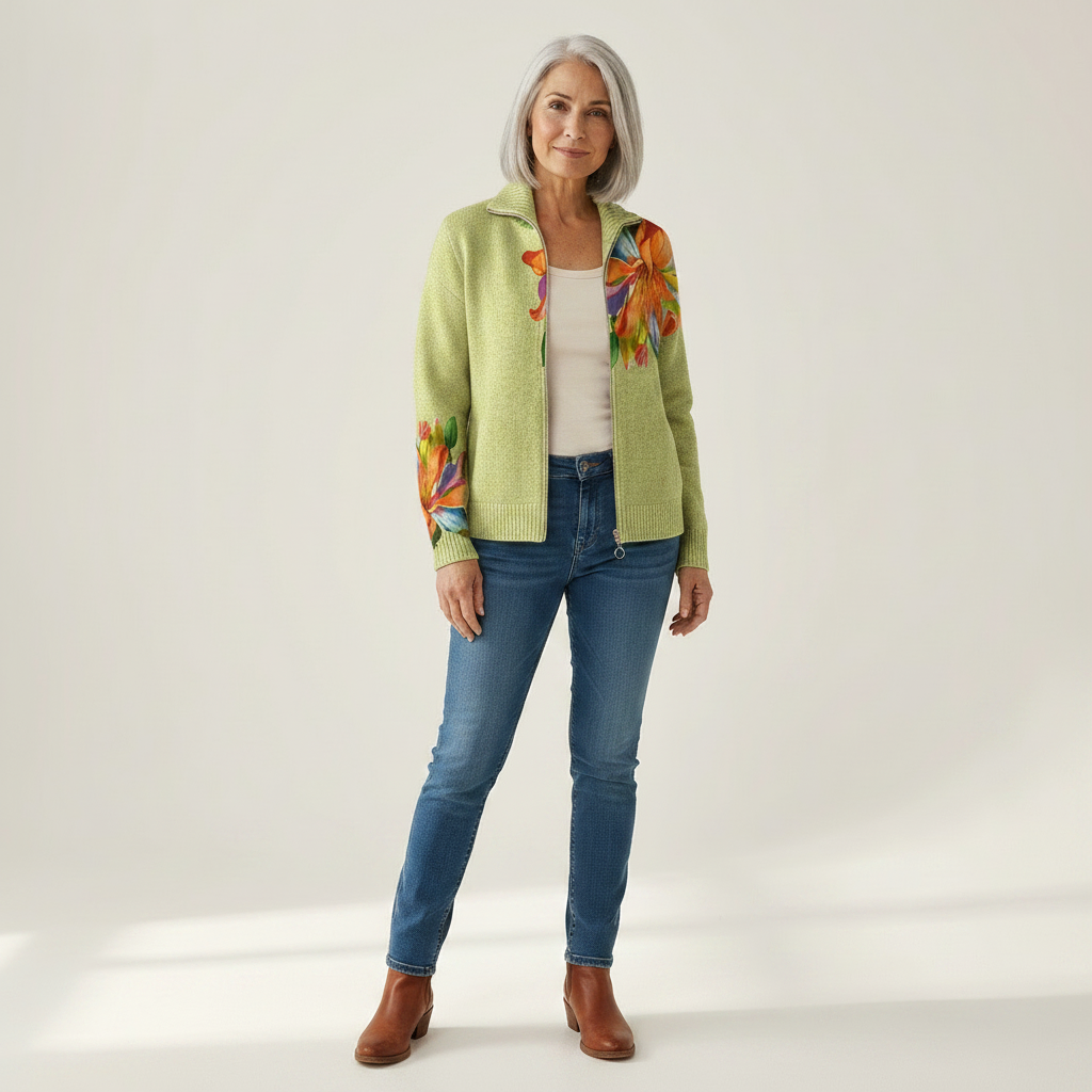 Claudia Strickjacke mit farbenfrohem Lilienmotiv, Vorderansicht
