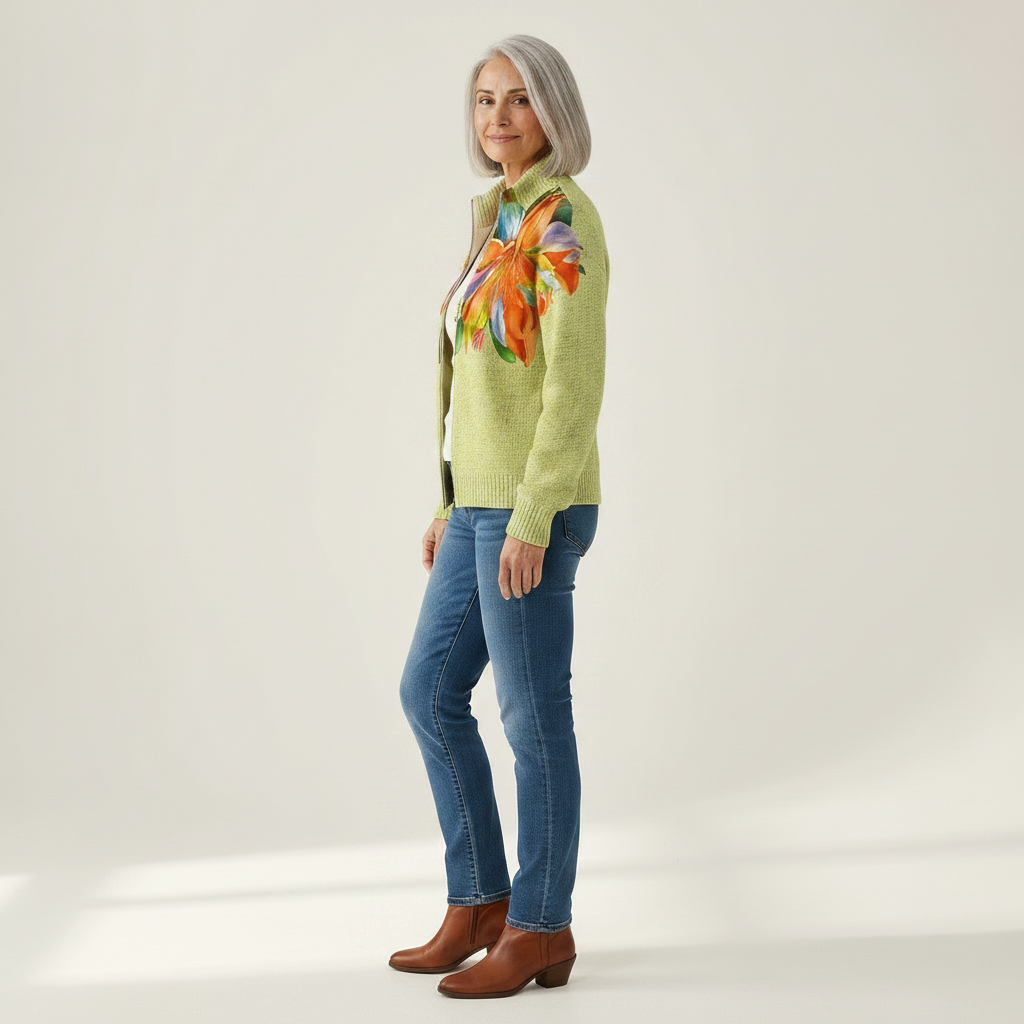 Claudia Strickjacke mit farbenfrohem Lilienmotiv, Seitenansicht