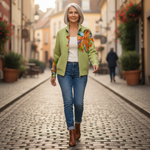 Claudia Strickjacke mit farbenfrohem Lilienmotiv, im Alltag getragen