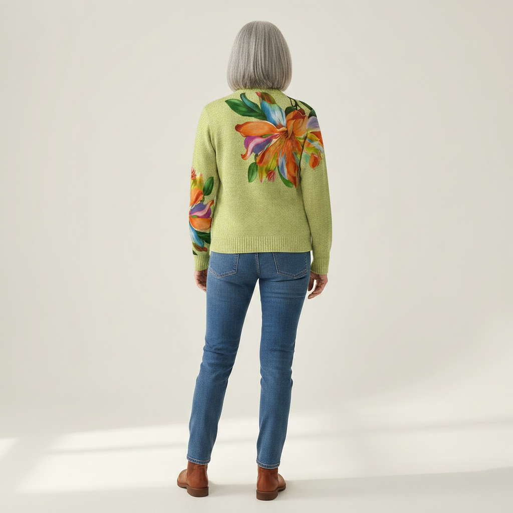 Claudia Strickjacke mit farbenfrohem Lilienmotiv, Rückansicht