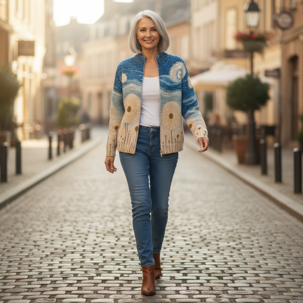Renate Strickjacke mit Pusteblumen-Motiv, im Alltag getragen