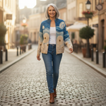 Renate Strickjacke mit Pusteblumen-Motiv, im Alltag getragen