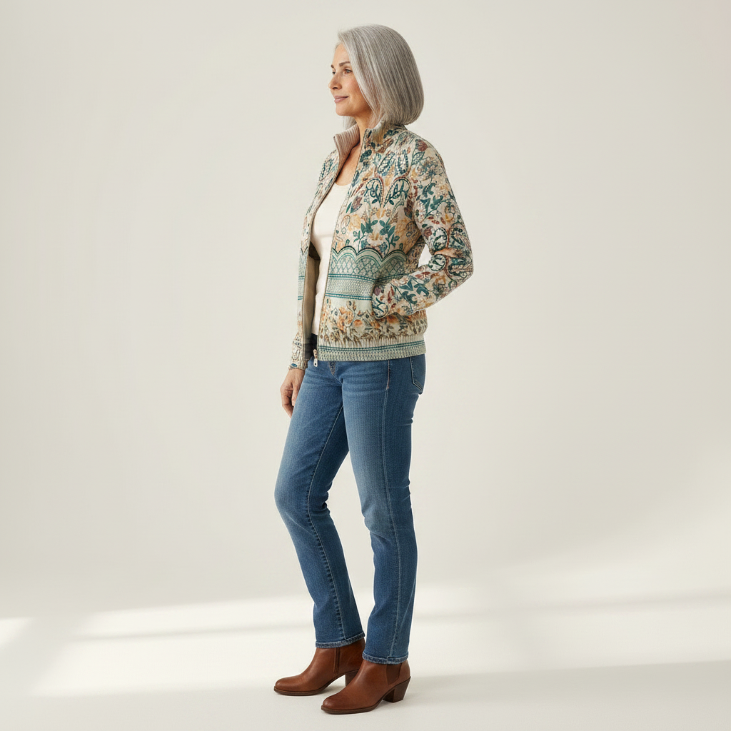 Gisela Strickjacke mit floraler Bordüre, Seitenansicht