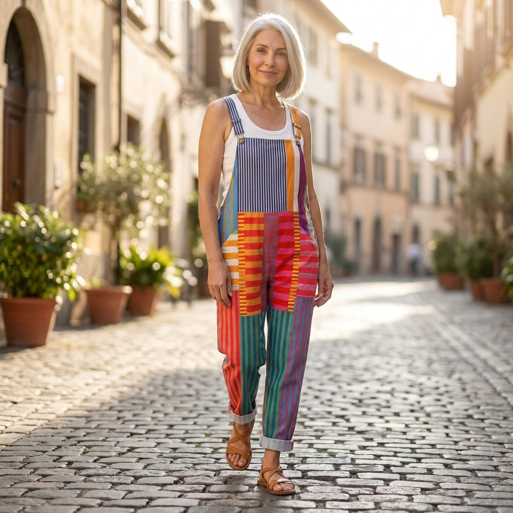 Christiane - Bequeme bedruckte Latzhose - von einem Model getragen