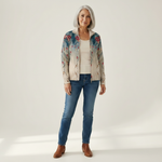 Martina Strickjacke mit Pfauenfeder-Motiv, Vorderansicht