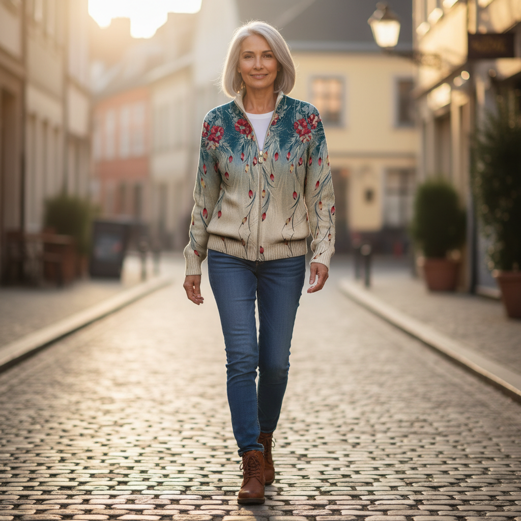Martina Strickjacke mit Pfauenfeder-Motiv, im Alltag getragen