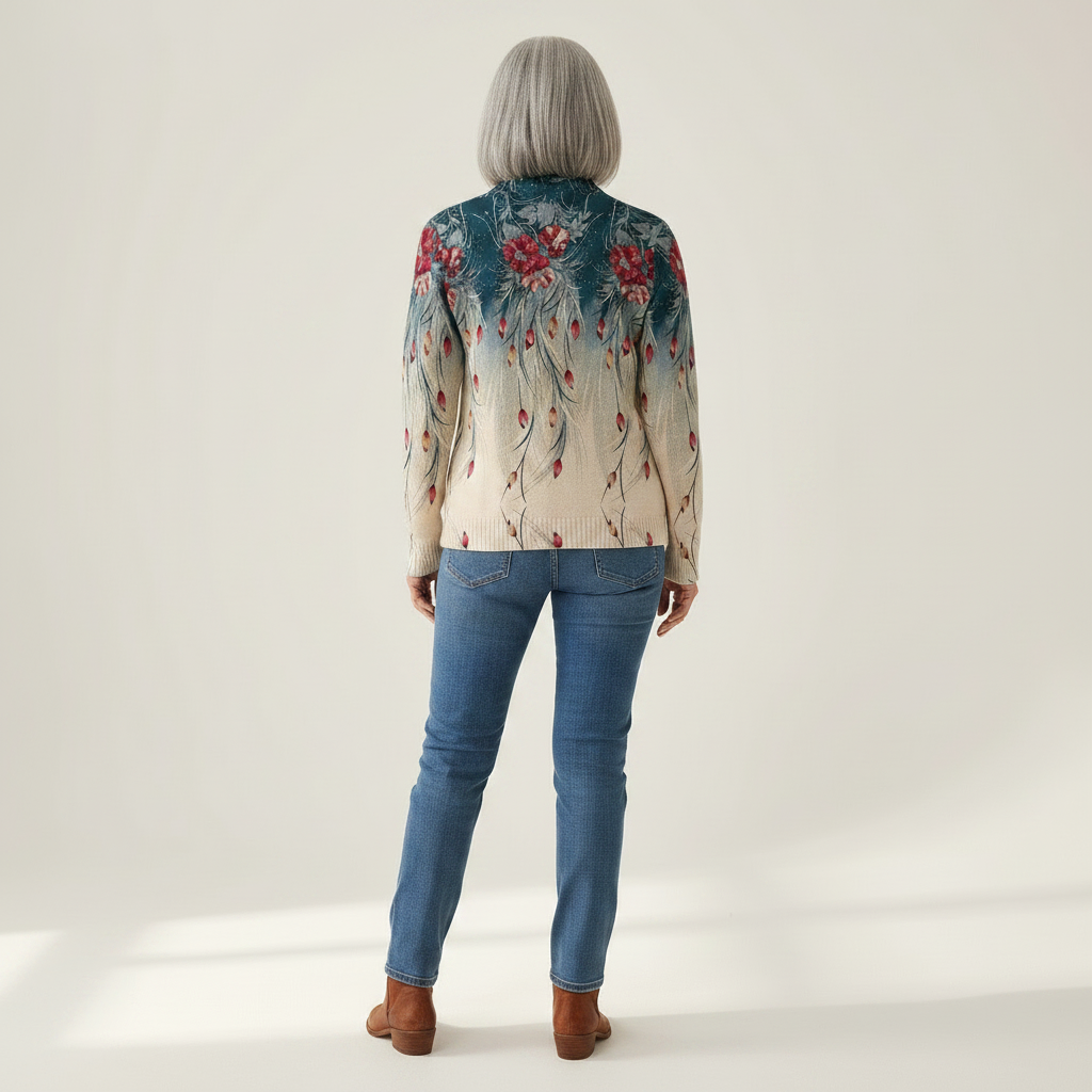 Martina Strickjacke mit Pfauenfeder-Motiv, Rückansicht