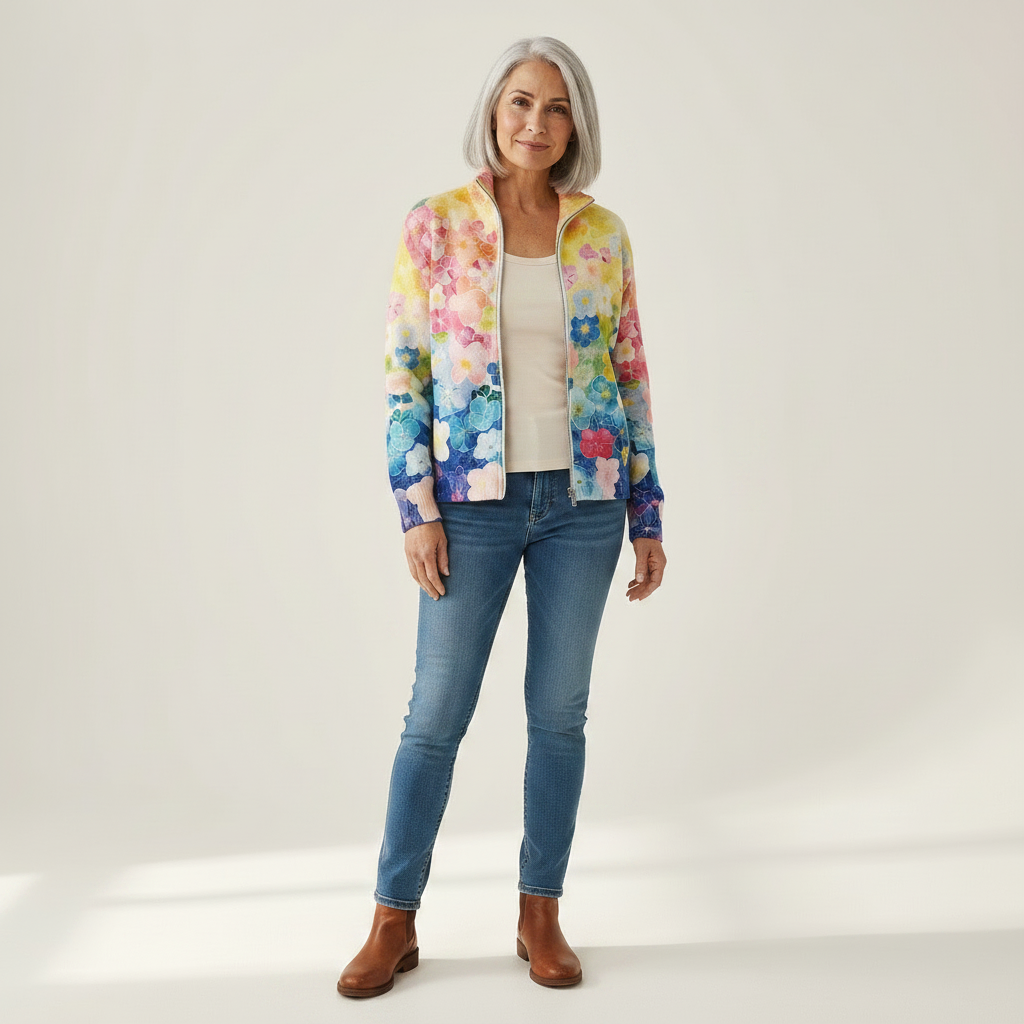 Ursula Strickjacke mit Aquarell-Blumenmuster, Vorderansicht