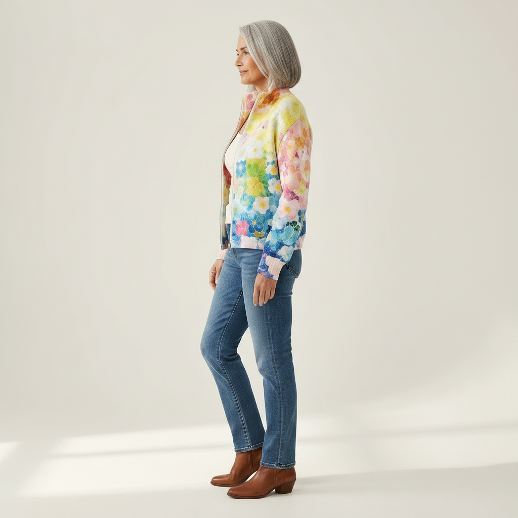 Ursula Strickjacke mit Aquarell-Blumenmuster, Seitenansicht