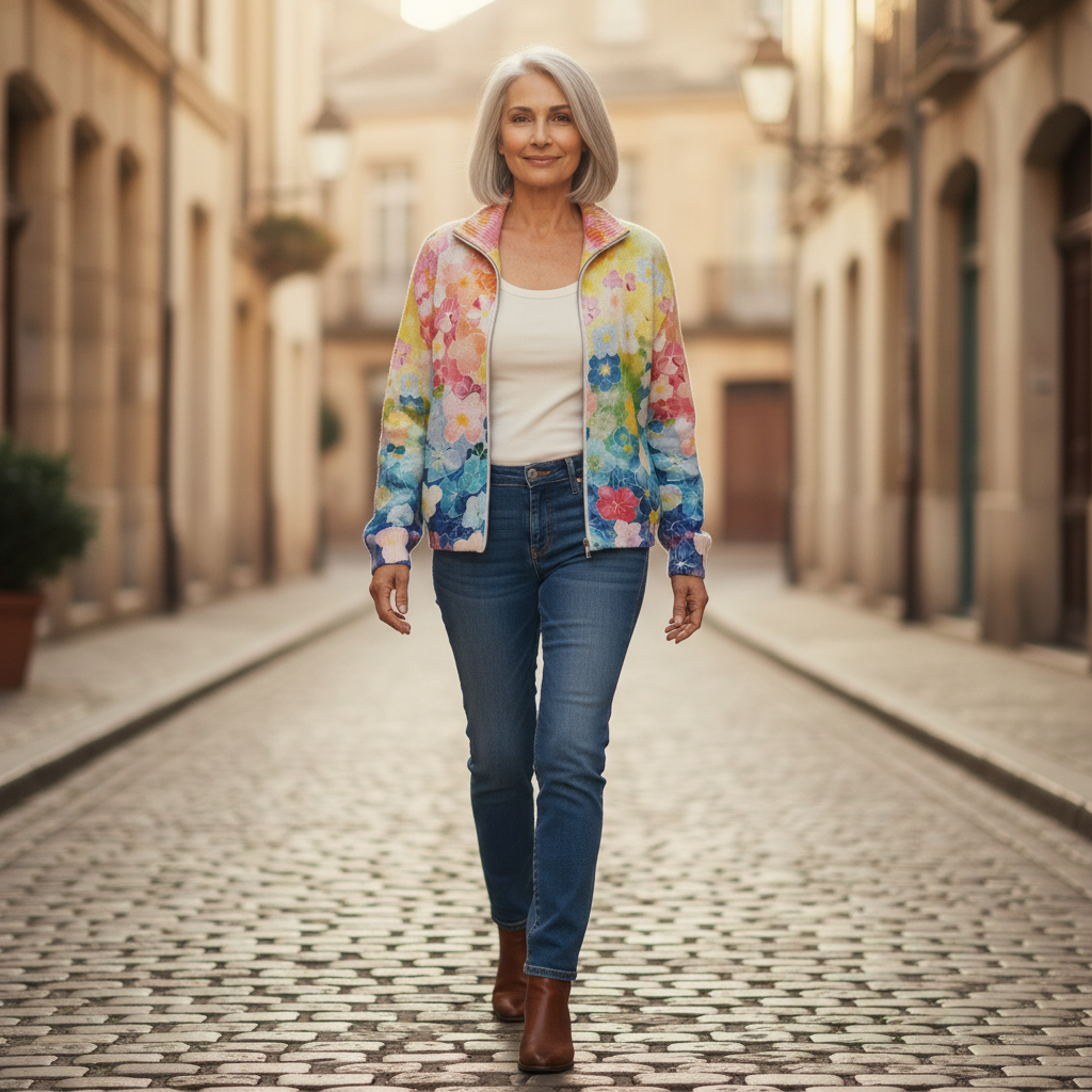Ursula Strickjacke mit Aquarell-Blumenmuster, im Alltag getragen