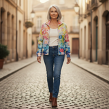Ursula Strickjacke mit Aquarell-Blumenmuster, im Alltag getragen