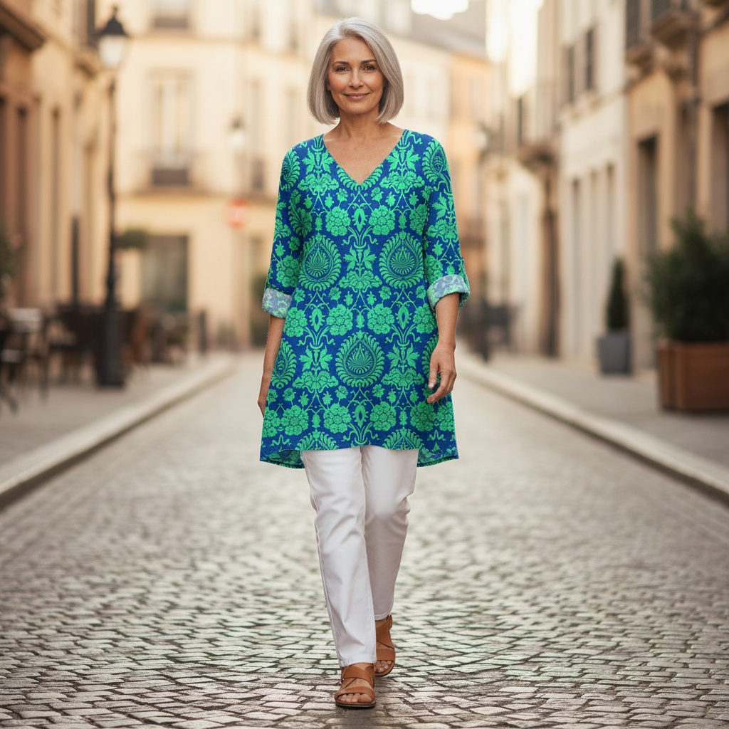 Romy | Lange Bluse mit Muster - im Alltag getragen