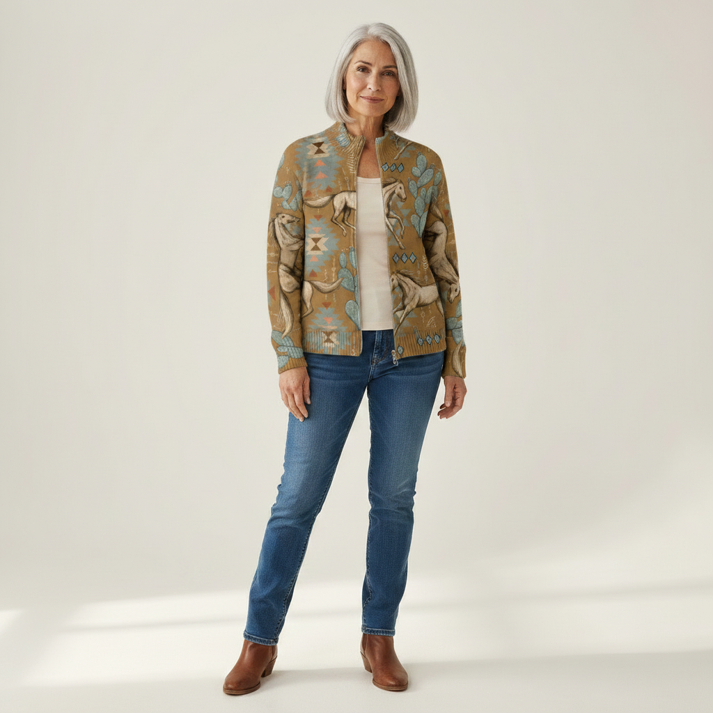 Brigitte Strickjacke mit Pferde- und Kakteenmotiv, Vorderansicht