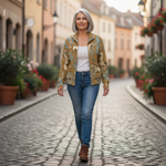 Brigitte Strickjacke mit Pferde- und Kakteenmotiv, im Alltag getragen