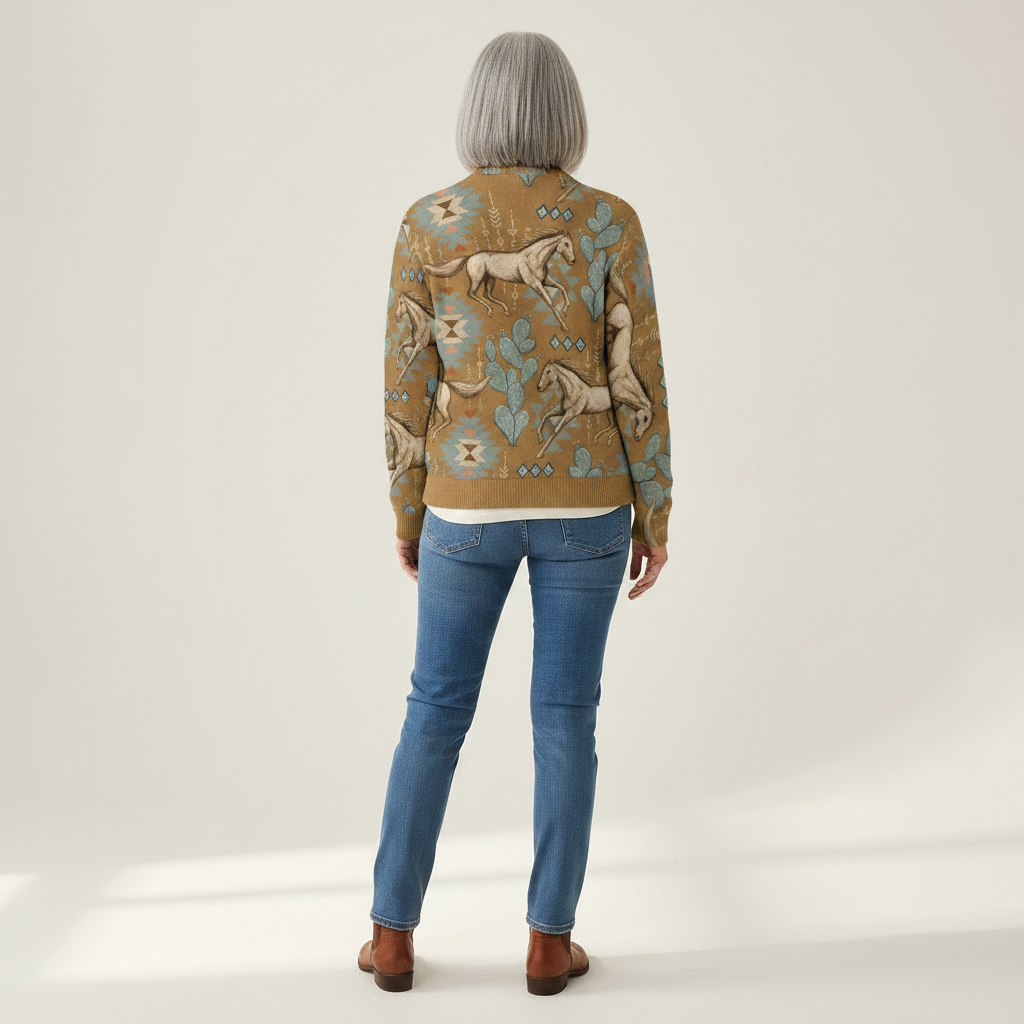 Brigitte Strickjacke mit Pferde- und Kakteenmotiv, Rückansicht
