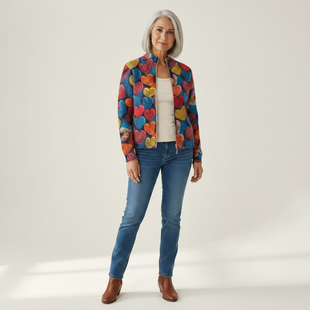 Susanne Strickjacke mit buntem Herzmuster, Vorderansicht