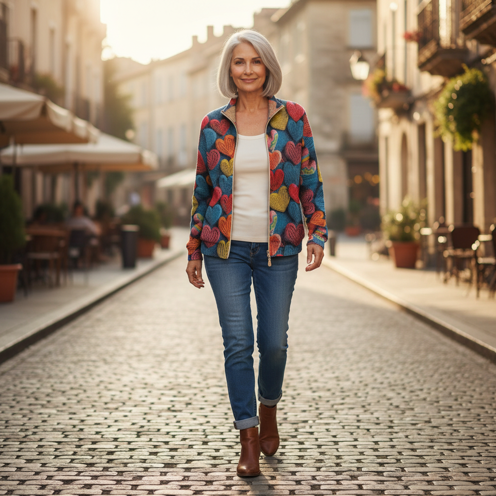 Susanne Strickjacke mit buntem Herzmuster, im Alltag getragen