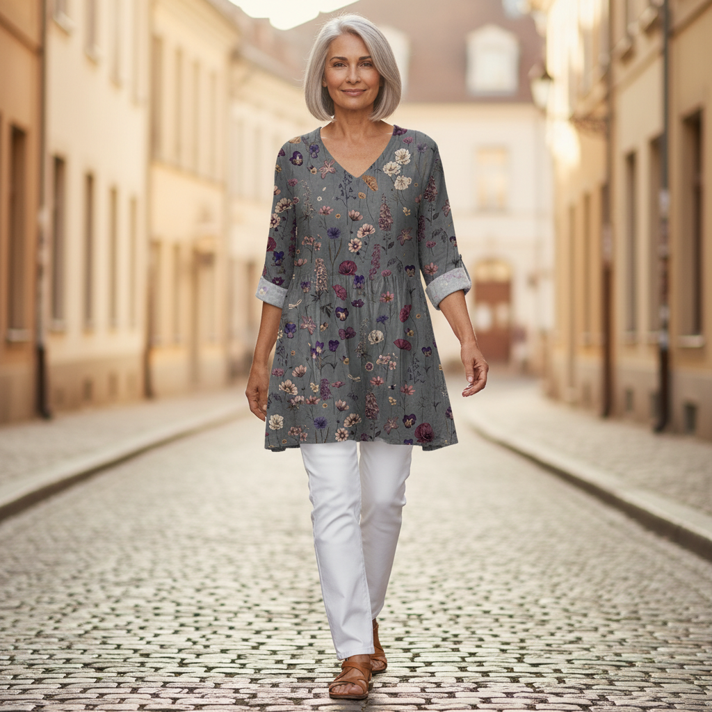Kira | Lange Bluse mit Muster - im Alltag getragen