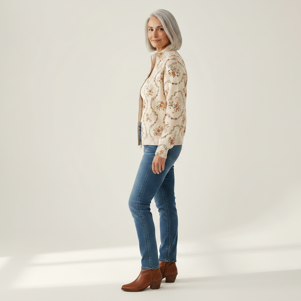 Ingrid Strickjacke mit zarten Blumenranken, Seitenansicht