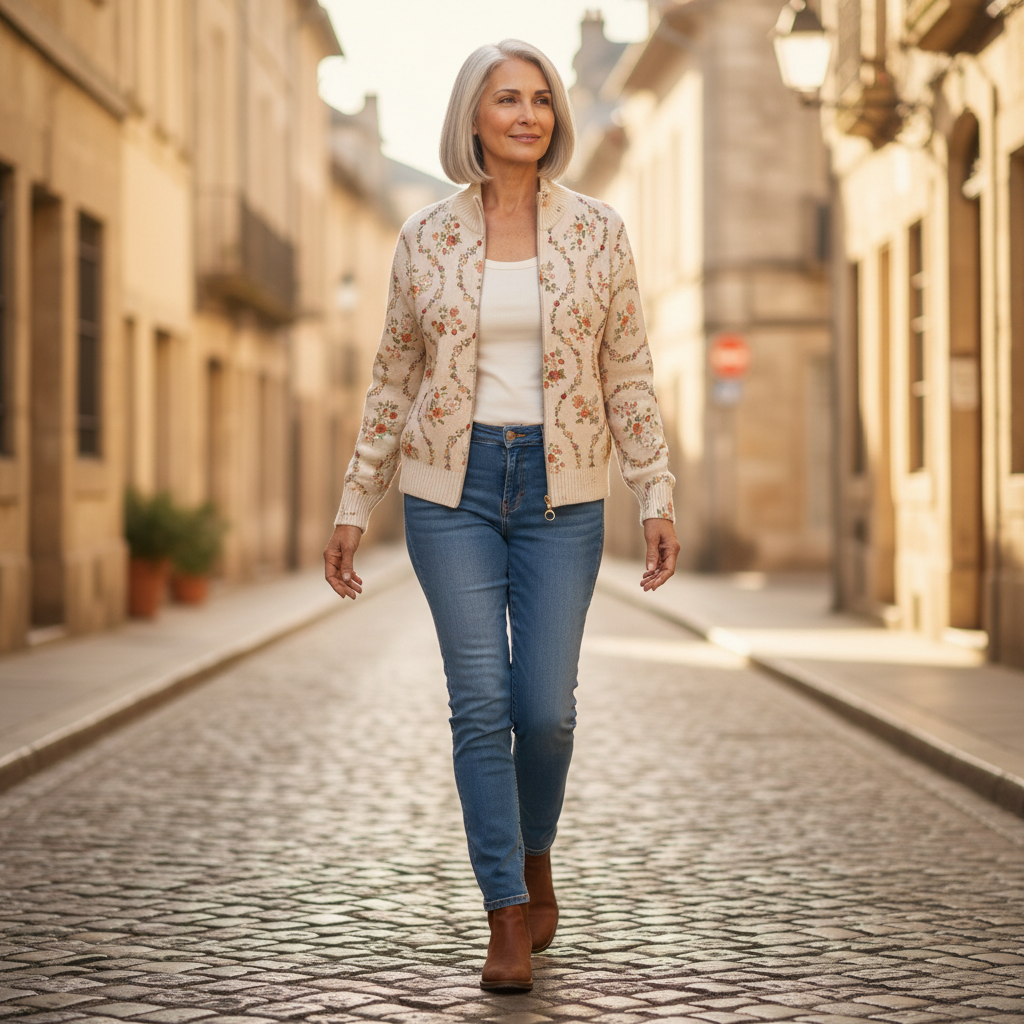 Ingrid Strickjacke mit zarten Blumenranken, im Alltag getragen