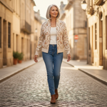 Ingrid Strickjacke mit zarten Blumenranken, im Alltag getragen