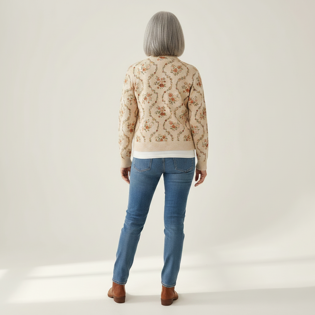 Ingrid Strickjacke mit zarten Blumenranken, Rückansicht