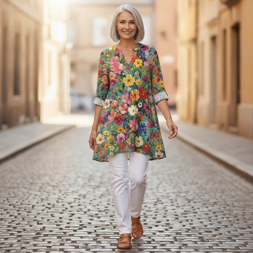 Keira | Lange Bluse mit Muster - im Alltag getragen