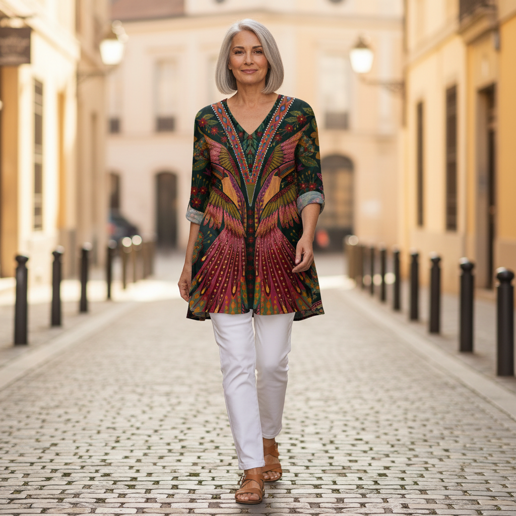 Mila | Lange Bluse mit Muster - im Alltag getragen