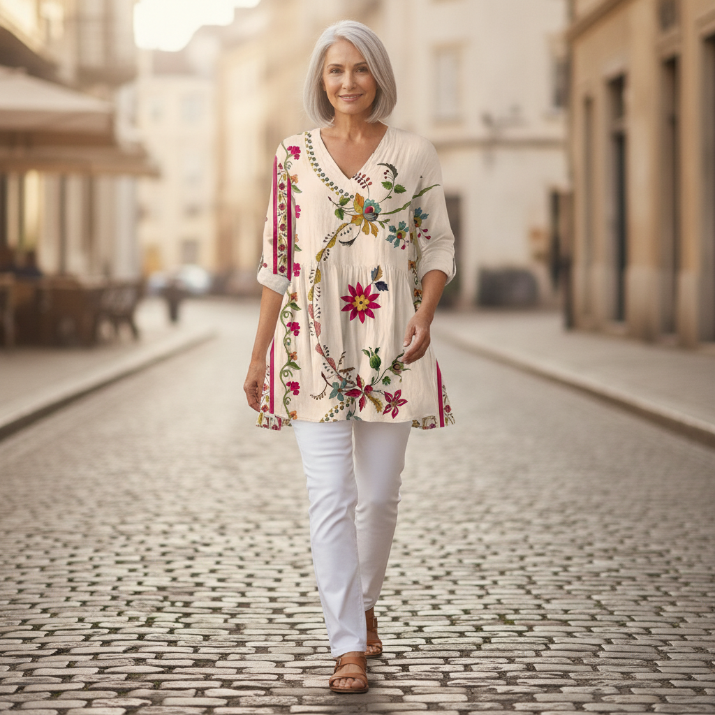 Aria | Lange Bluse mit Muster - im Alltag getragen