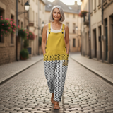 Marlene - Bequeme bedruckte Latzhose - von einem Model getragen