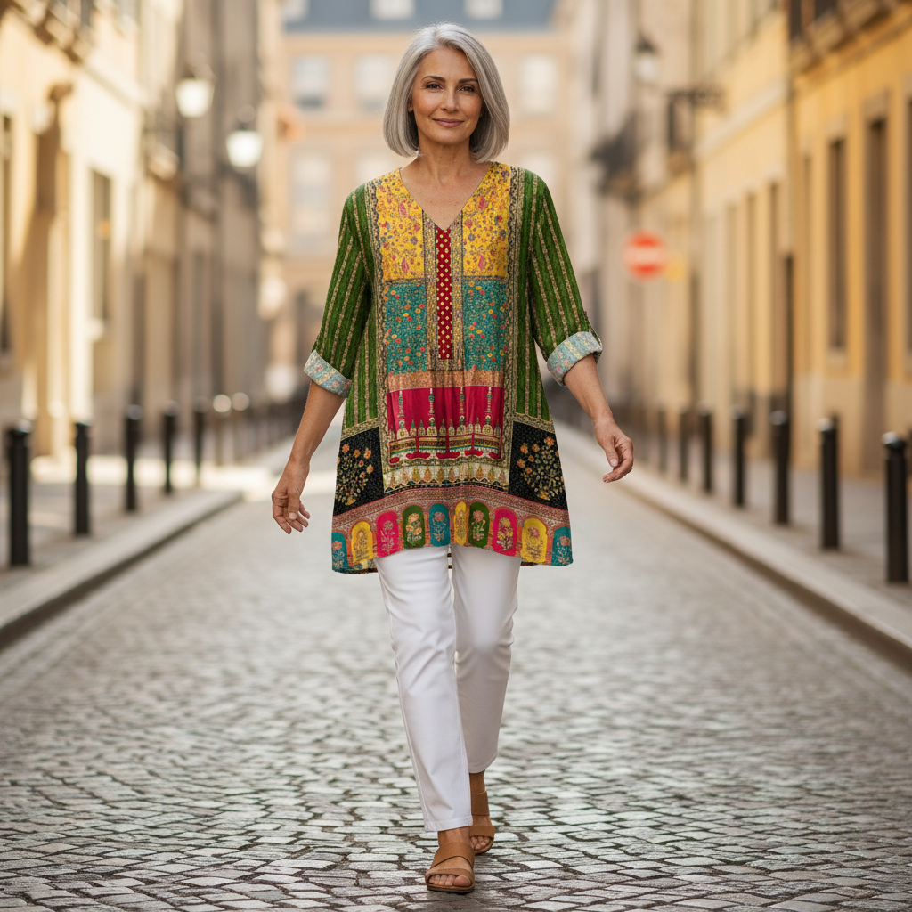 Nyla | Lange Bluse mit Muster - im Alltag getragen