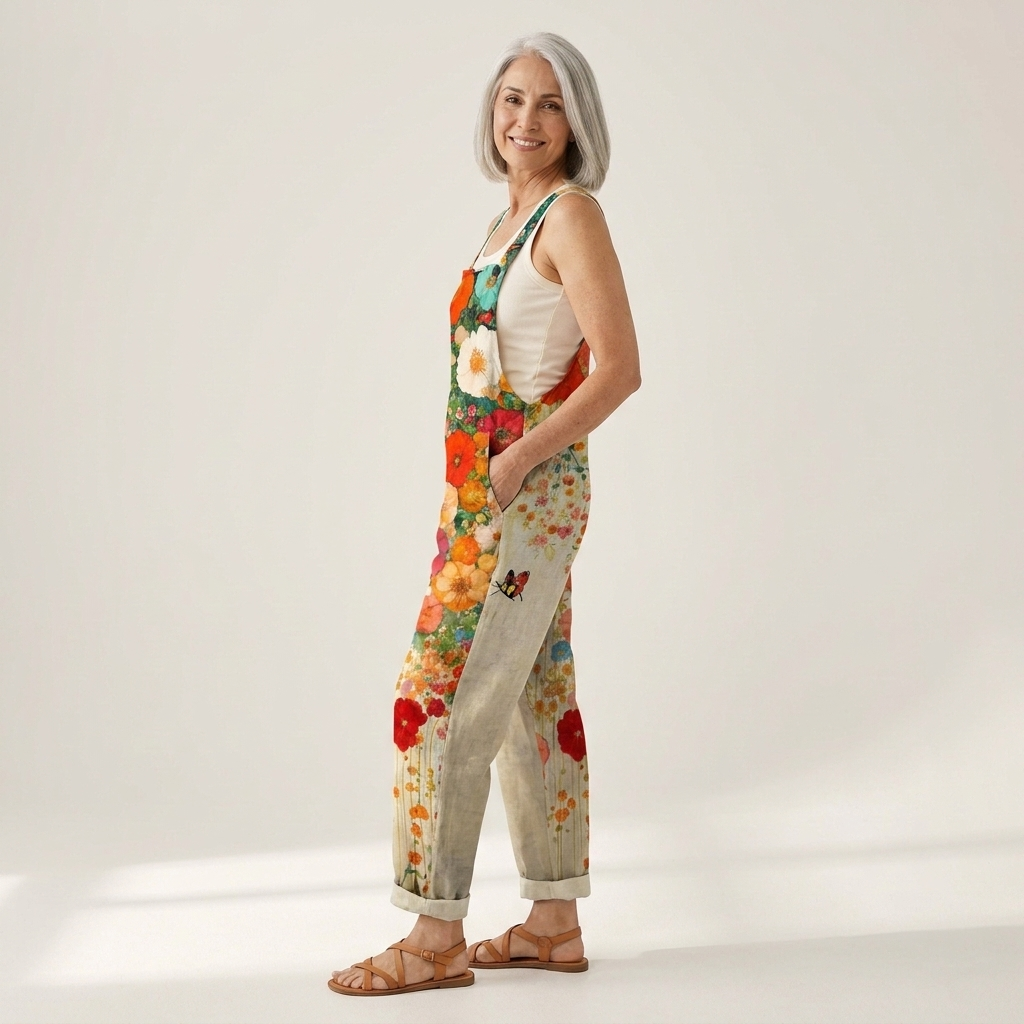 Barbara - Bequeme bedruckte Latzhose - Vorderansicht am Model