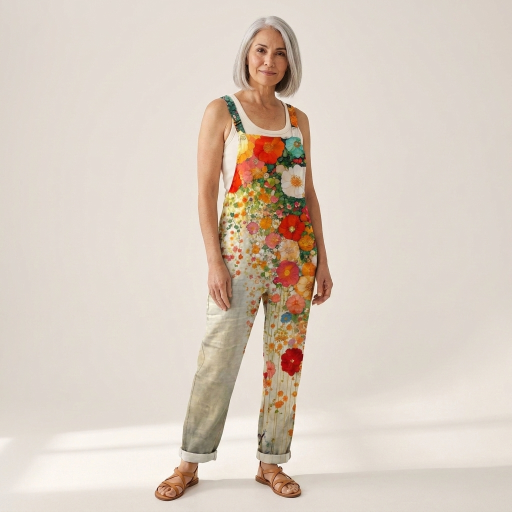 Barbara - Bequeme bedruckte Latzhose - von einem Model getragen