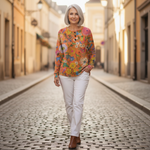 Wiebke Pullover in Orange mit Blumen, im Alltag getragen