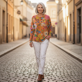 Wiebke Pullover in Orange mit Blumen, im Alltag getragen